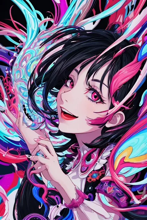 An ultra-extreme close-up anime-style scene of a lonely yet cool young girl with black hair in profile, now even closer, filling the frame with her intense and joyful expression. Rendered in a flat and minimal yet intensely emotional anime style, her large...