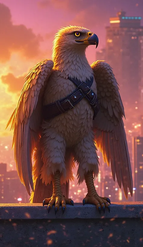 Sable Veylan’s form has changed—a majestic humanoid eagle with broad, muscular wings and piercing golden eyes now stands at the rooftop’s edge. His powerful talons grip the concrete as his massive wings flex against the wind. His once-human torso is now co...