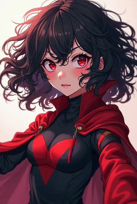 a girl, ager with curly black hair, red eyes, Angulo selfie, wears a very dark red heroine costume,  anime drawing style , Reference Boku No Hero