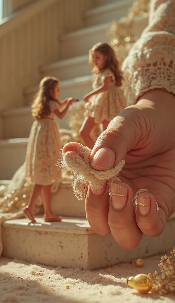 A spectacular close-up of a well-groomed female nail, near which petite girls from the 1970s work. One of them is standing on the stairs and applying varnish, the other gently rubs her nail, The third gently rubs it with a rag. lukewarm, soft lighting crea...