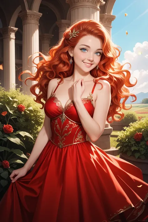 1 girl、 redhead、Blue Eyes、smile、red dress、wavy hair、is thin