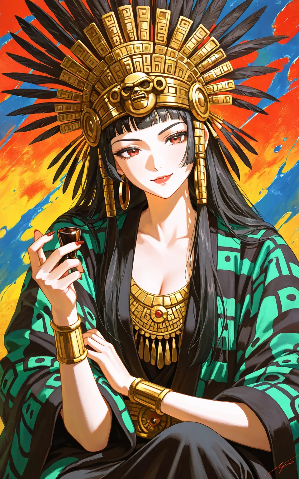 oil painting, country leaning face, [gyaru:1.3], ultimate cool beauty, solo woman, long hair, aztec costume, luxury haori, rest, BREAK, one color background,