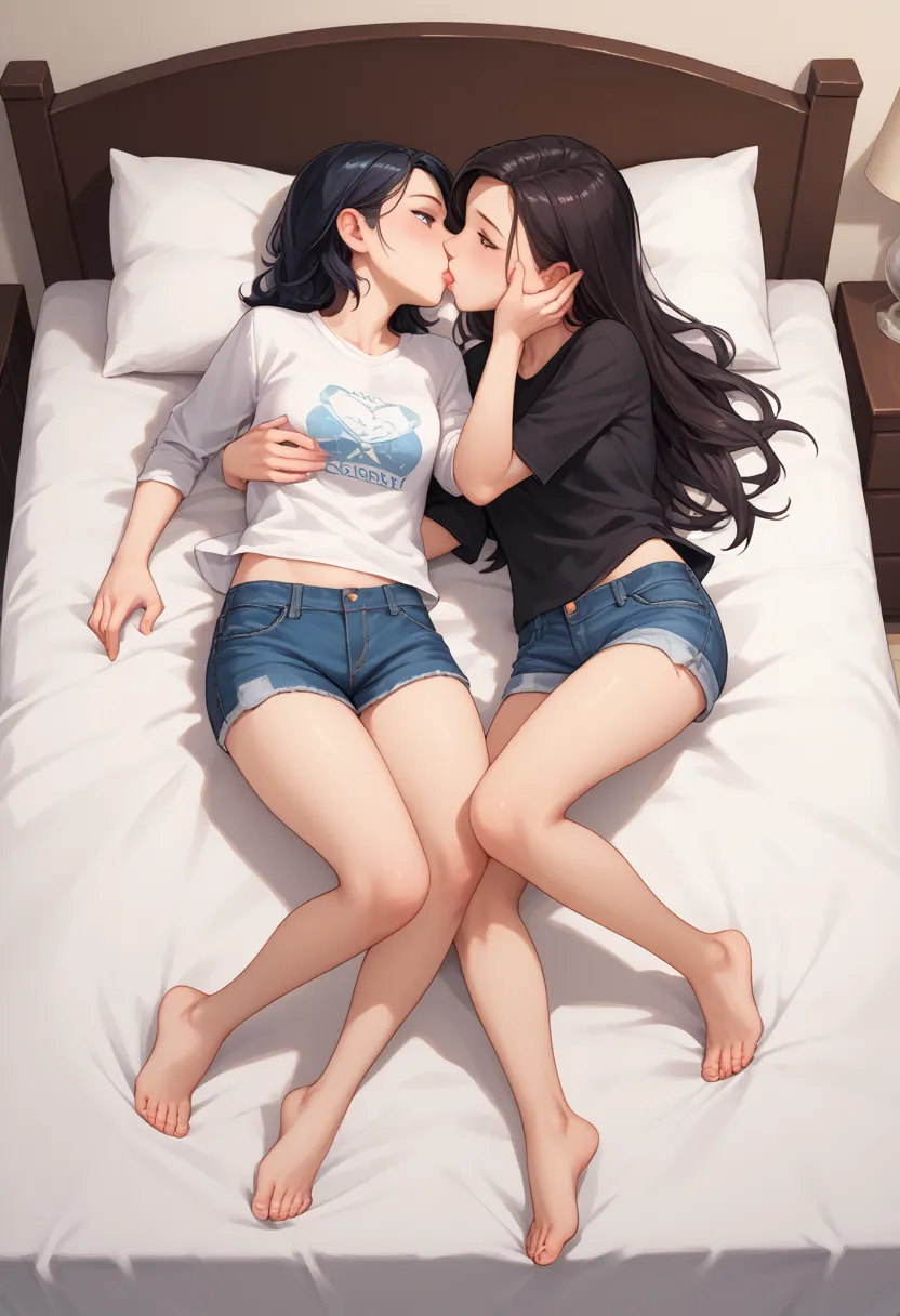 2 girls, cute, cutie, pretty, girls kissing, lesbian, yuri, shiny, half close eyes, enjoying each other, black long shirt, denim short shorts, barefoot, bed, duo, full body, lying by side thogeter,