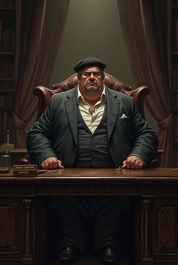 It generates a middle-aged man in a suit wearing a pocket watch, gordo, arrogant expression, Wealthy and beretted man sitting in his chair in a mayor's office behind his desk. poca iluminación