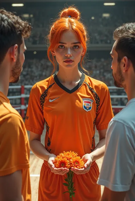  Girl wearing orange hair referee jersey on boxing court and next to two men looking at orange flowers on girl's hands 