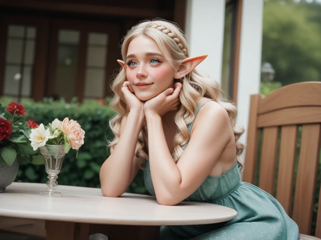 beautiful elf, blonde braided hair, sort wavy hair, tall, big saggy tits, wear casual dress, sitting on dining table, outdoor coffeeshop, blush, embarased, detailed eyes, looking at viewers, right hands hold on chin