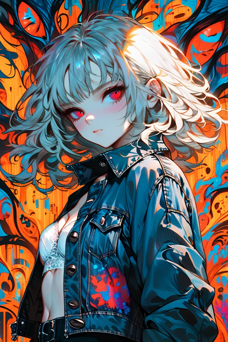 Gray Hair、Hairstyle that extends to the shoulders、pale red eyes、beautiful eyes、chest、1 girl、The background is shining fine graffiti art、Beautiful and colorful、Denim jacket、white bra、