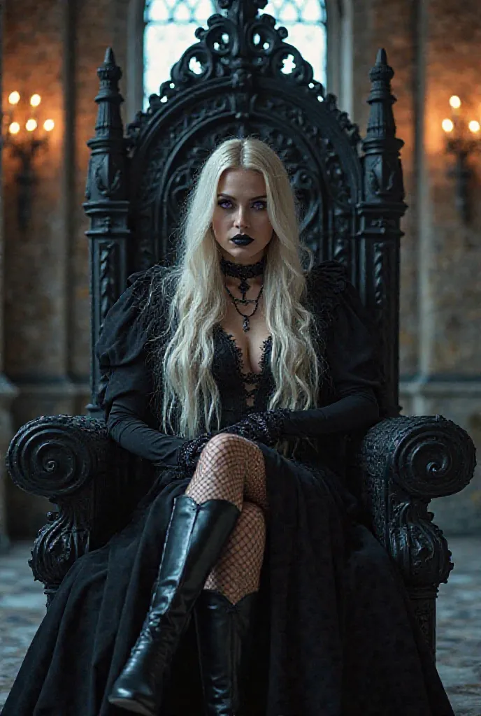 A midday closeup photo of a gothic villainess, cold and merciless, sitting on a grand black throne.  
She has long blond hair with silver streaks, piercing purple eyes, and sharp, aristocratic features.  
Wearing a gothic black dress, fishnet stockings, st...