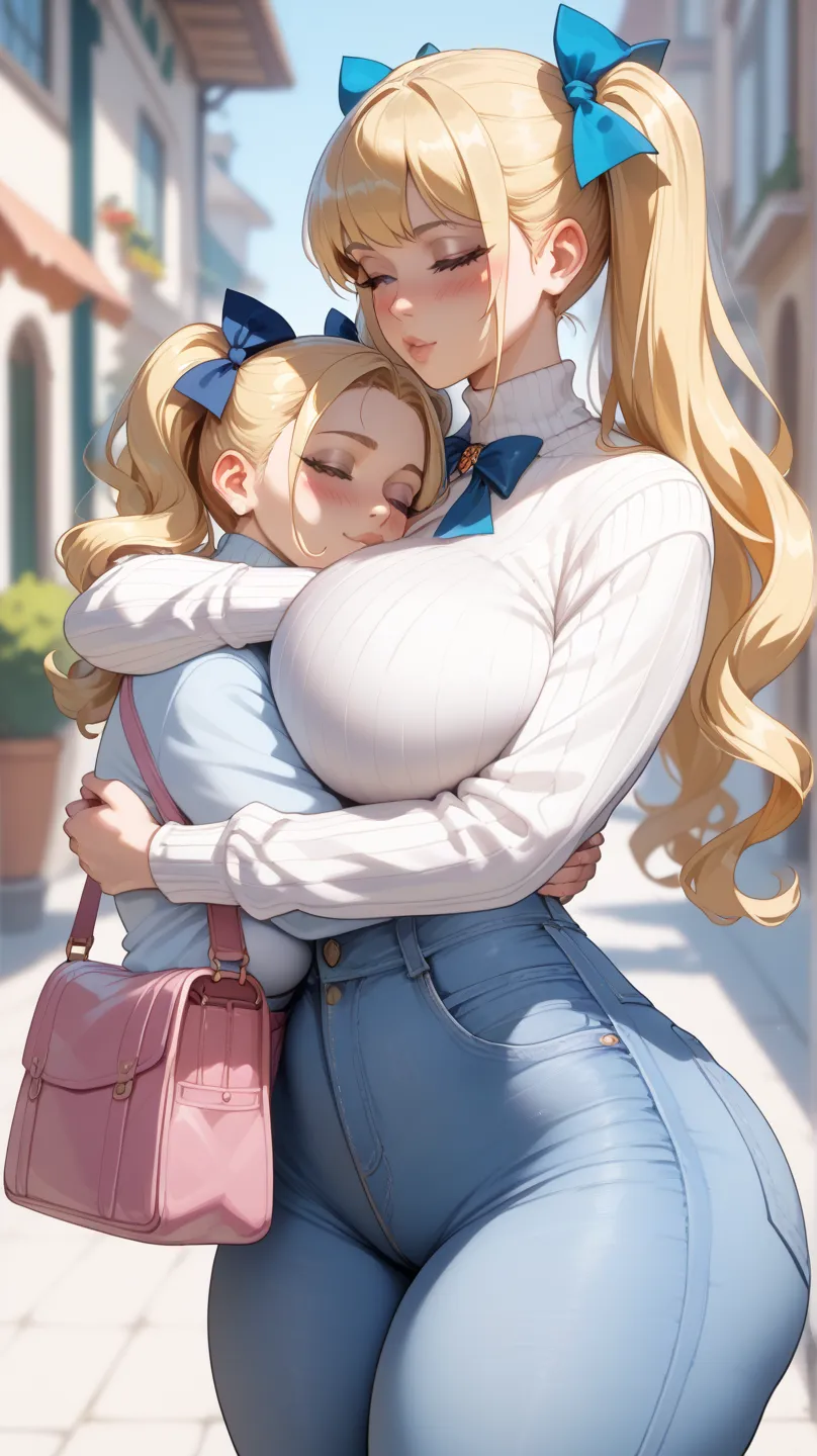 score_9, score_8_arriba, score_7_ 1,  a blonde girl  (pigtails with blue bows),   white sweater ( talleed ),  blue jean pants , long hair,  breasts,blush, throw, big ass, big breast, wasp waist with wide hips, High resolution,  Pink bag , hugging his siste...