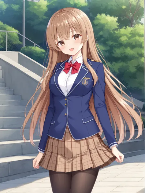 Highest quality、masterpiece、1 girl、The case where my neighbor's angel made me a bad person before I knew it、 Shiina Mahiru、long hair、brown hair、brown eyes、chest、uniform、red bow tie、 collared shirt、white shirt、 blazer、blue jacket、 Long Sleeve、plaid skirt、br...