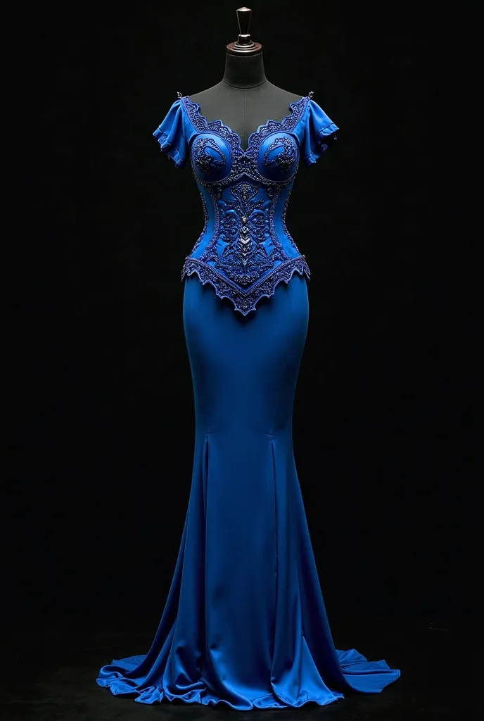 Sexy renaissance Gothic ￼Dress outfit, Blue, large chest mounds, tight and slim fitting, black dark mannequin wearing￼, dress should be professionally displayed, black background