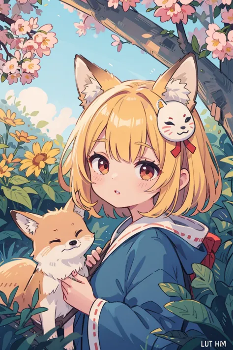 A fox girl with sleepy eyes peeking at a doughnut、Little Fox Mask Hair Ornament、Big tail、cute、MINI-CHARACTERS、 little character、 shrine maiden costume、 yellow hair、red eyes