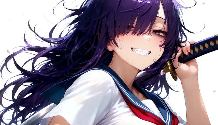 (masterpiece, best quality, amazing quality, very aesthetic, absurdres, newest:1), masterpiece,best quality,amazing quality, 1girl,solo,solo girl,long hair,dark purple hair, ((messy hair)), hair over one eye,bags under eyes , jitome ,half closed eyes,grin ...