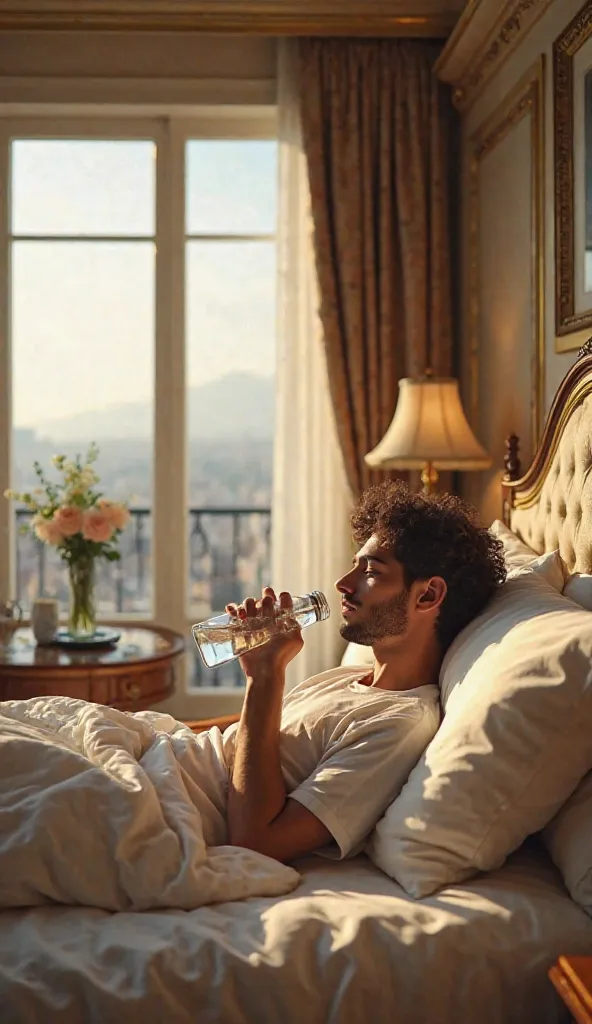 A young man lying in bed eating drinking water in a mineral bottle in a luxury movie hotel 4k