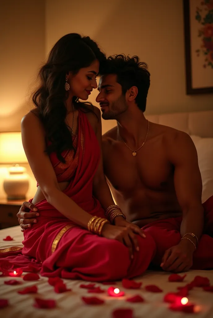 In a softly lit bedroom adorned with rose petals, a married Indian woman, draped in a sensuous saree, sits gracefully on the bed. The silky fabric elegantly slips, revealing tantalizing glimpses of her waist and navel. Her bangles jingle softly as she adju...