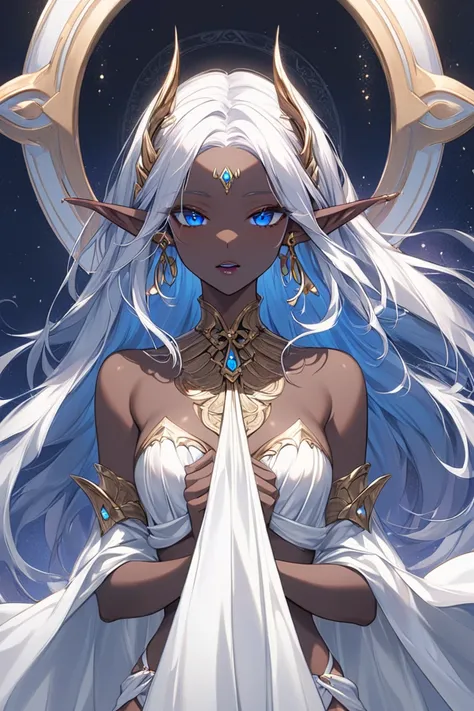 Dark elf girl, Very Long Hair, Pointy Ears, fangs, make up, ethereal, detailed back ground, sexy clothing, fantasy, short in height, black skintone, fullbody, blue eyes, 