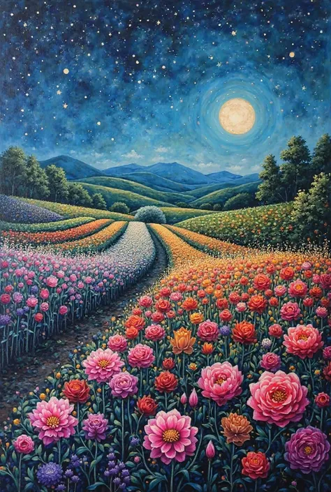 Acrylic painting on canvas finishing, artistic floral farm in the night 