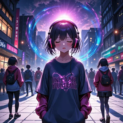 High-detail anime-style illustration of a young musician standing in an open plaza, eyes closed, feeling the rhythm of their heartbeat. Their headphones glow subtly as colorful waves of energy pulse outward, symbolizing the song’s theme of embracing one’s ...