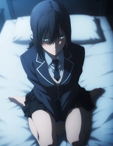 masterpiece, best quality, amazing quality, highres, absurdres, very aesthetic, high resolution, ultra detailed, perfect details, midnight, , upper body, indoors, ufotable style, ((blue hour)), (from above),
1girl, solo, ufotable style, anime style, (...