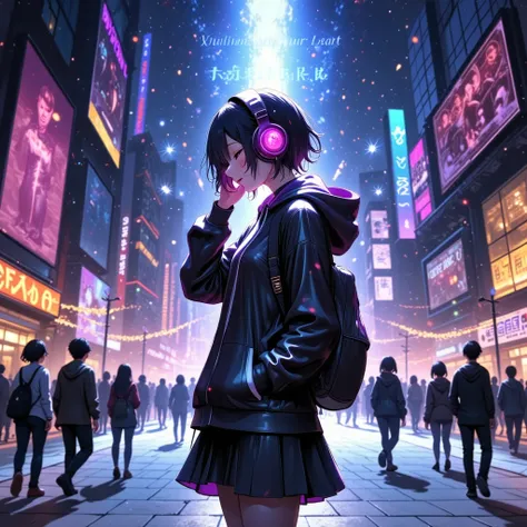 High-detail anime-style illustration of a young musician standing in an open plaza, eyes closed, feeling the rhythm of their heartbeat. Their headphones glow subtly as colorful waves of energy pulse outward, symbolizing the song’s theme of embracing one’s ...