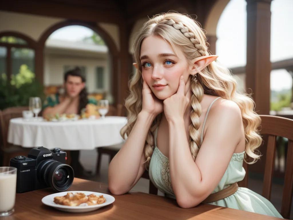 beautiful elf, blonde braided hair, sort wavy hair, tall, big saggy tits, wear casual dress, sitting on dining table, outdoor coffeeshop, blush, embarased, detailed eyes, looking at camera, right hands hold on chin