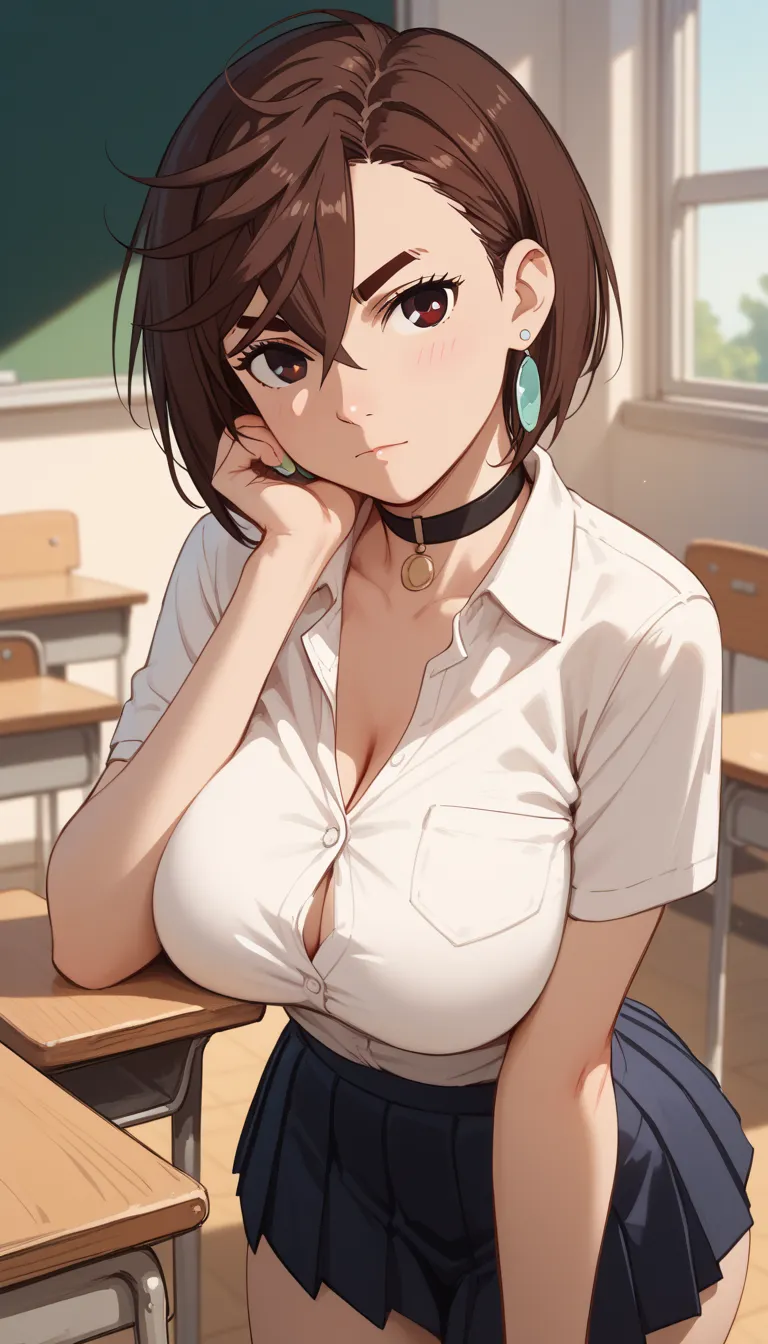 check_9, check_8_ upwards, check_7_ upwards, eastnik_anime,uncensored,cowboy shot,sketch, Momo Ayase , 1girl, jewelry, One,  earrings, brown hair, looks at the viewer, hair between eyes, short hair, black choker, buttocks,  With your back to the viewer, lo...