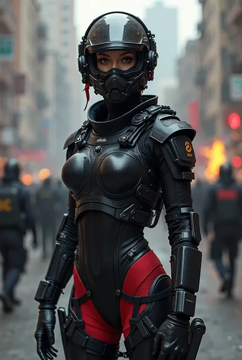 Sexy female police officer in riot gear, wearing a leotard and helmet with mask, all black armor and red uniform