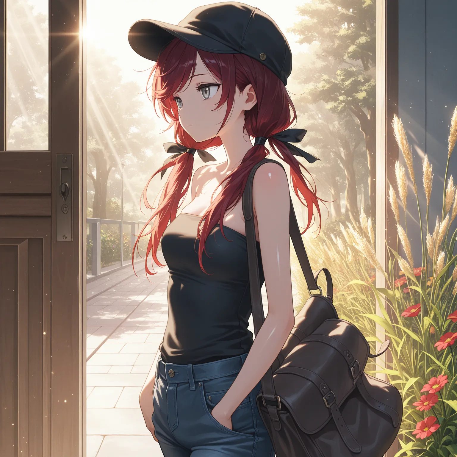 masterpiece, best quality, amazing quality, expressionless, :|, girl, satchel, black hat, light particles, thin, books, dark red hair, swept bangs, low twin tails, hair ribbons, stoic, gray eyes, strapless black top, jeans , shadows, morning, sun rays, dri...