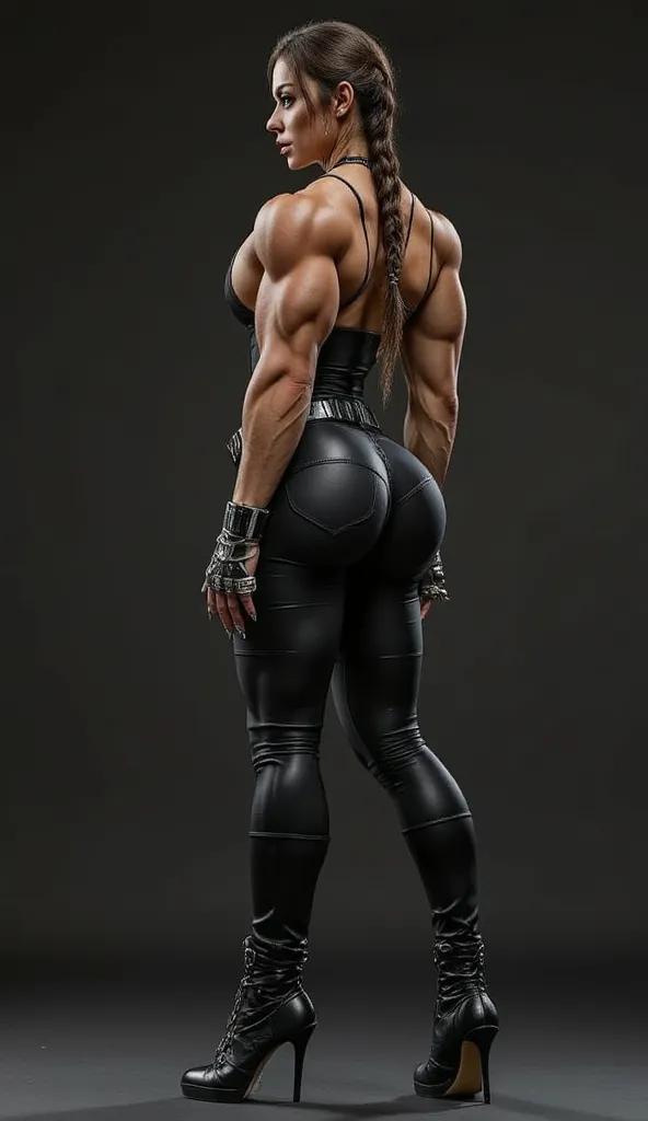 Low angle shot. Studio lighting. Very beautiful asian female bodybuilder. Hot and fit body. she's a soldier with shredded muscles. She is wearing black high heels boots,a leather corset, and tight leather pants with a leather belt. she has a long braid. Lo...