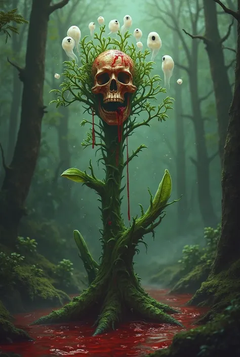 There is a green plant in which blood is being poured instead of water and that plant is in a forest, there is a human skeleton on the plant and above it there are many small ghosts, the background behind is slightly scary like blood.