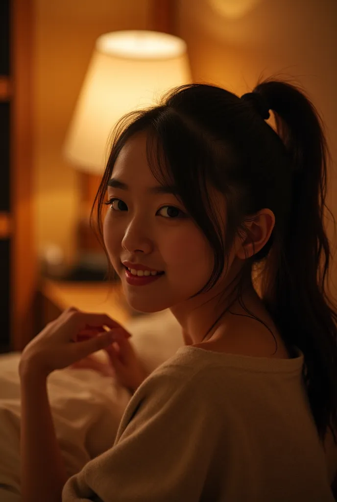 A heartwarming scene of a person yearning to spend more time with a young Japanese couple. The woman, her hair styled in a ponytail, sits in the background, her face turned towards the viewer with a gentle, shy smile. The atmosphere is cozy and intimate, i...