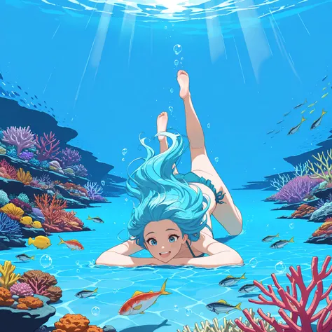 High resolution, Super detailed, Best Quality, masterpiece, 8K, 4K, beautiful background, the best aesthetics, (flat color:0.6), 1girl, swimming underwater, ocean floor, top-down view, coral reef, fish, bubbles, flowing hair, happy expression, enjoying, bl...