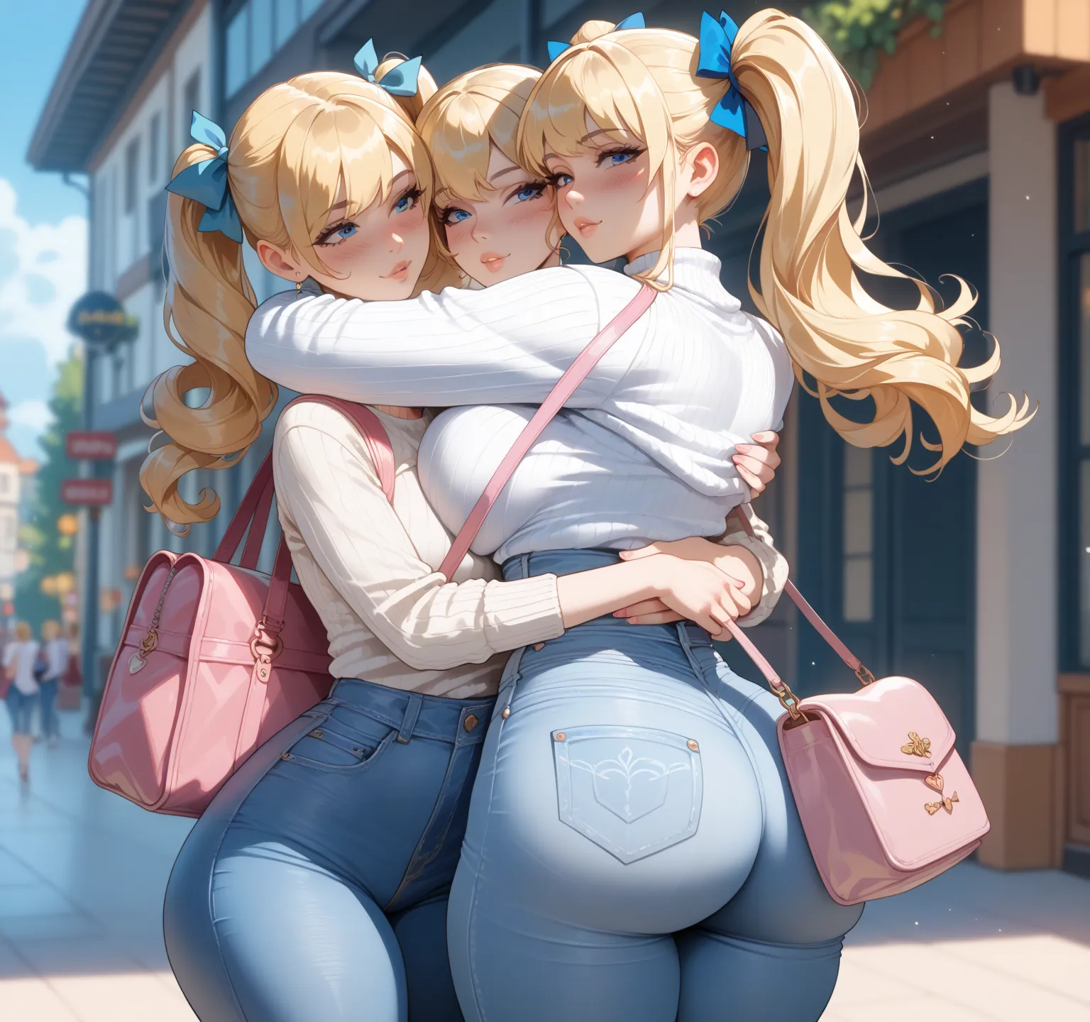 score_9, score_8_arriba, score_7_ 1,  a blonde girl  (pigtails with blue bows),   white sweater ( talleed ),  blue jean pants , long hair,  breasts,blush, throw, big ass, big breast, wasp waist with wide hips, High resolution,  Pink bag , hugging his siste...