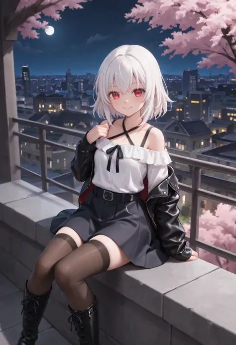 moon,  night , city, Cherry Tree,   Sakurabuki, off shoulder blouse, skirt,  leather boots, knee-high socks,  white hair, red eyes, smile,