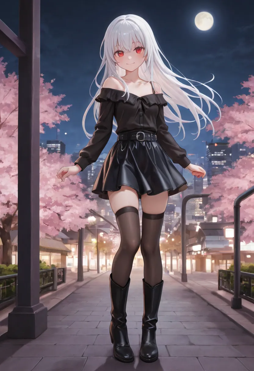 moon,  night , city, Cherry Tree,   Sakurabuki, off shoulder blouse, skirt,  leather boots, knee-high socks,  white hair, red eyes, smile,