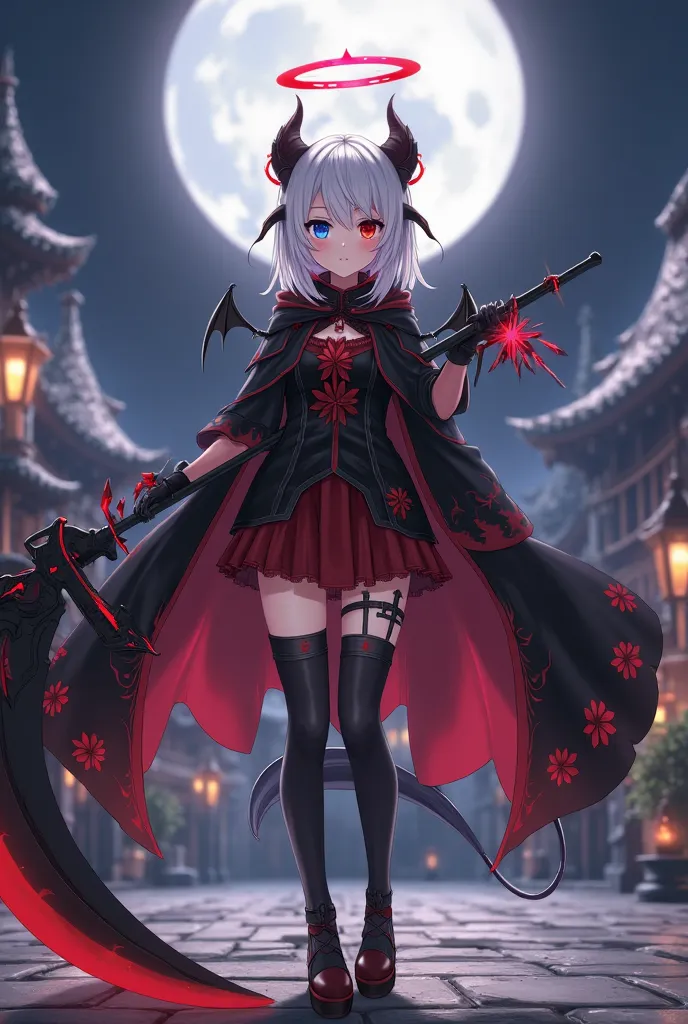 An anime Female with shoulder length white hair, Left Eye Blue and Right Eye Red, with C cup sized boobs, and a Black and Red Cloak and a black and red skirt slightly above the knees, black thigh high socks, black and red boots, with a Red Lily flower embl...