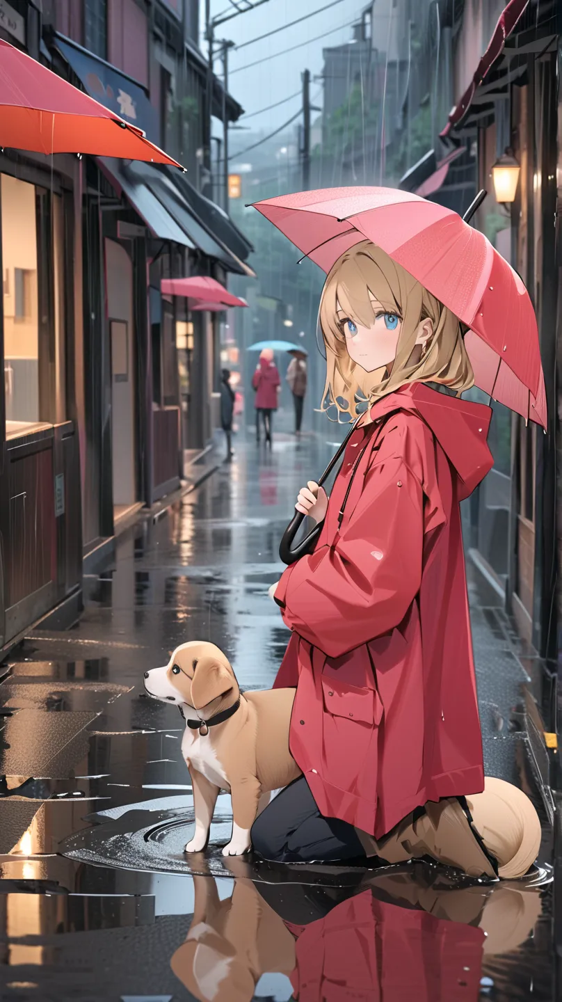 A young girl, likely 5-, light-skinned with long blond hair, stands centered in a rainy street scene. She wears a red raincoat, a light-colored skirt, and dark-colored rain boots.  She holds a pink umbrella and a light brown purse. Her expression is gentle...