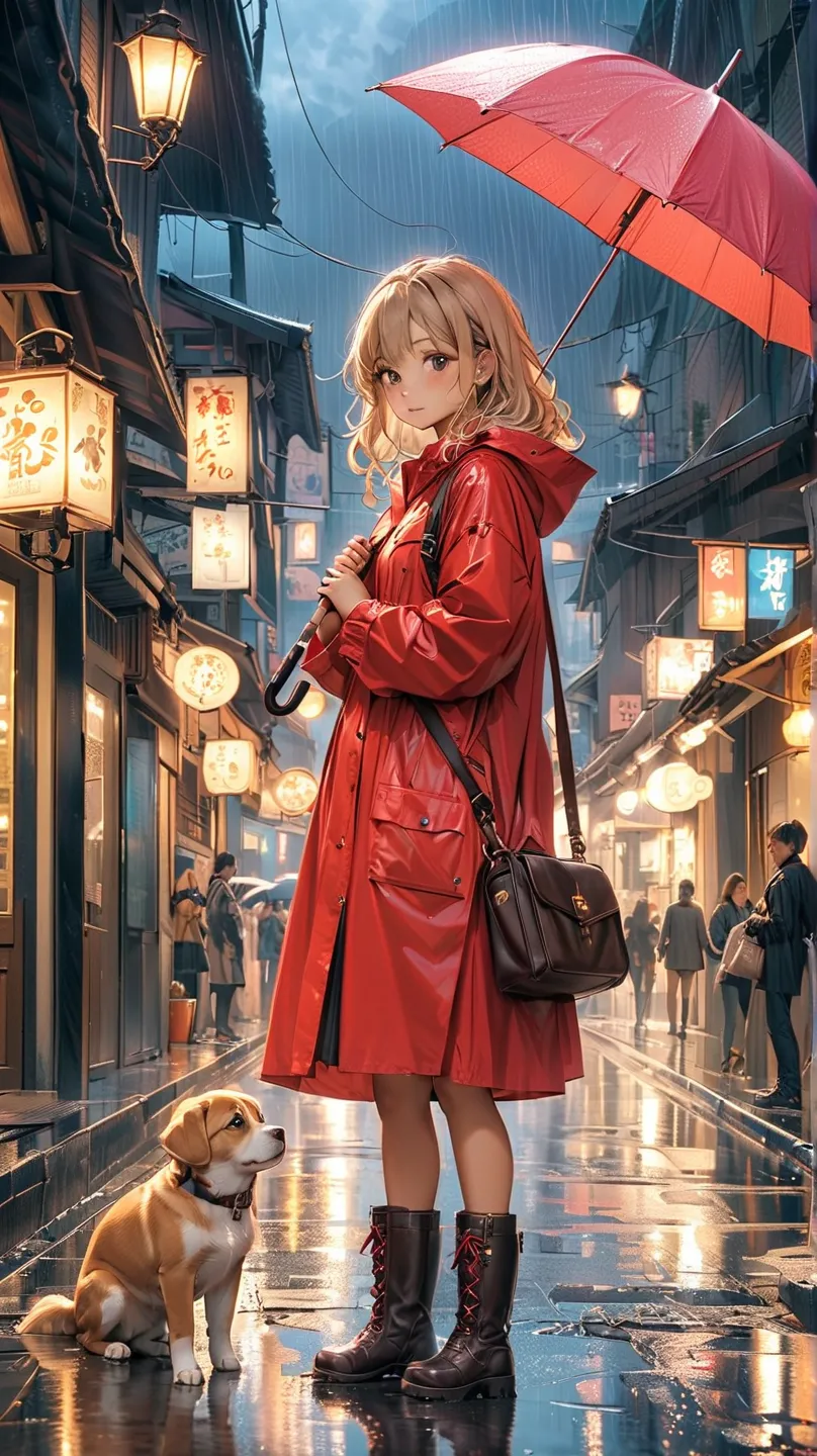 A young girl, likely 5-, light-skinned with long blond hair, stands centered in a rainy street scene. She wears a red raincoat, a light-colored skirt, and dark-colored rain boots.  She holds a pink umbrella and a light brown purse. Her expression is gentle...