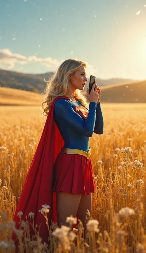 Standing in a wheat field, Supergirl suddenly starts talking on the phone.