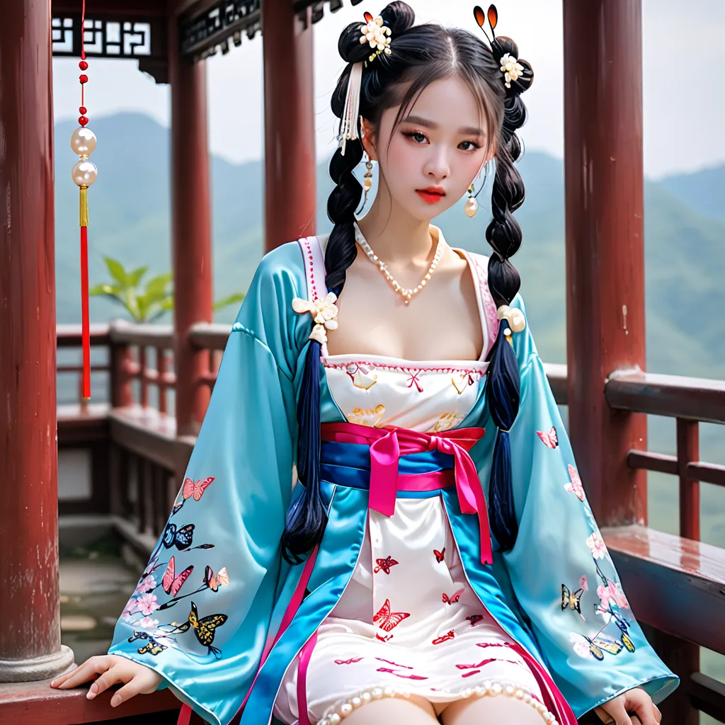  fluffy、Loose、Curly Braids 、 pigtails、smaller ribbon、 sagitales、pout、 troubled eyebrows、Pink Shiny Enamel New Chinese Mini Dress(Hanfu、Very tight、 body conscious with pearls、see-through( bra top、 corsets、garter belt)is visible through),  White Knee High Fi...