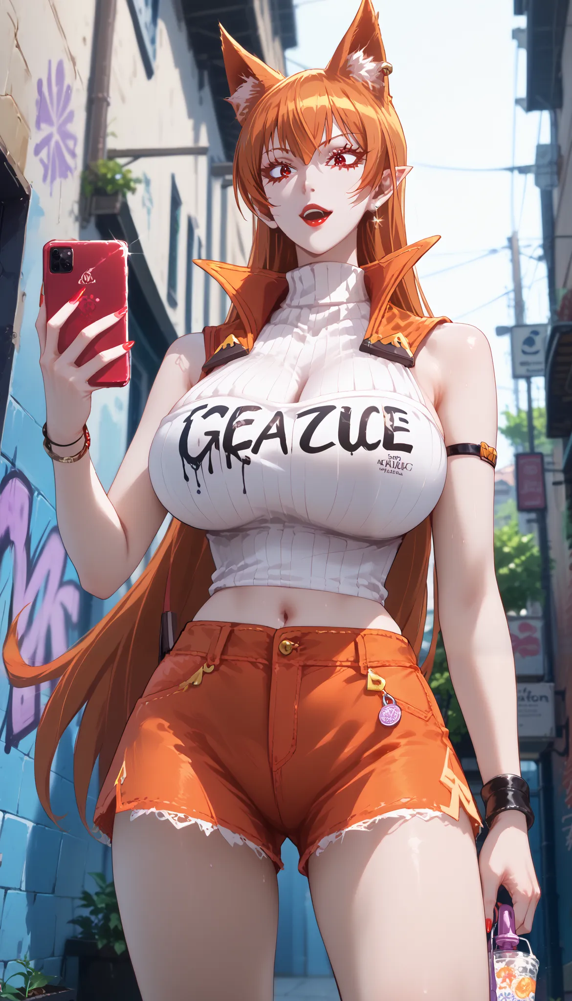 masterpiece, woman in Magenta turtleneck and Cotton And Holding the phone shorts standing in a narrow alley with graffiti wall background, azazel ameri,bracelet, orange hair, Jewelry,red lip,Fox ears , long hair, cosmetics, big breasts, diaphragm, nail pol...