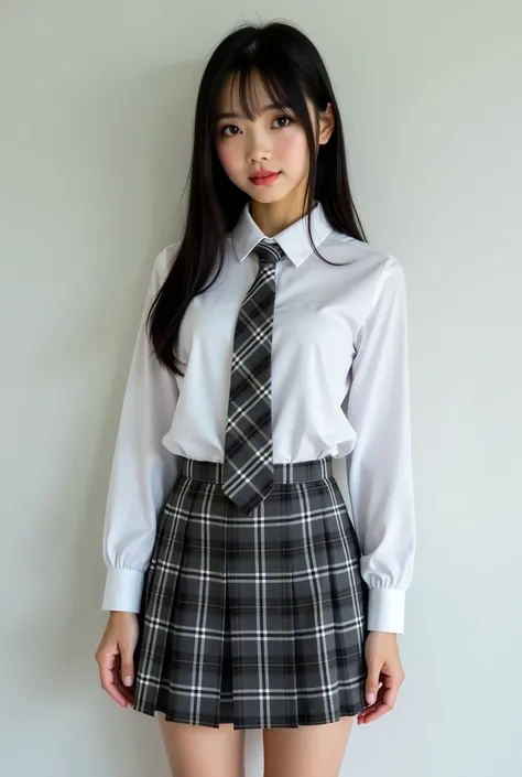 Female student wearing a white shirt Gray tie and skirt with a Scottish design. White long socks with brown lining She looks like a Thai girl. She has long neat black hair, black eyes, and a sharp face. Look straight ahead