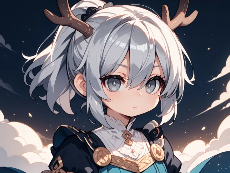 1人の女の子（とても幼い）、full body、,silver hair,short hair,front ponytail,hair between eyes,grey eyes, mismatched pupils,European clothes, expressionless,deer ears, jitome