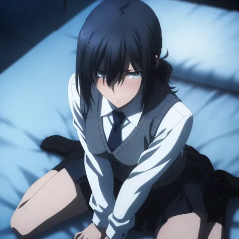 masterpiece, best quality, amazing quality, highres, absurdres, very aesthetic, high resolution, ultra detailed, perfect details, midnight, , upper body, indoors, ufotable style, ((blue hour)), (from above),
1girl, solo, ufotable style, anime style, (...