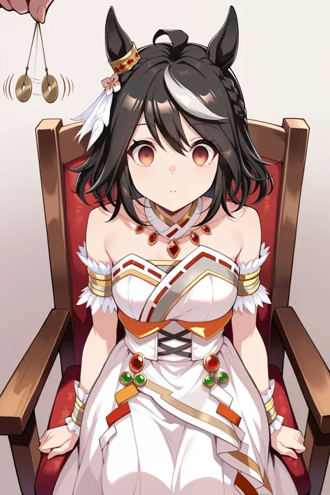 (masterpiece, ultra high definition, 16k, RAW photo, intricate), (sharp focus, crisp details), (rich colors, vibrant details), noise reduction, 1girl , ((Kitasan Black \( Uma Musume\)), (One Pendulum , Swinging pendulum, Pendulum before her eyes:1.9), (e...
