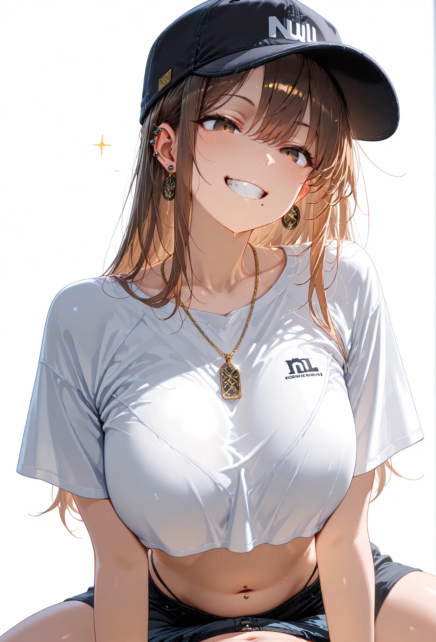 masterpiece,Highest quality,Excellent image quality,Absard Dress, Line breaks
1 girl , baseball cap, black  facing the viewer , blue null, chest, brown eyes, brown hair,necklaces, chest元, cropped   shirt,Commentary,  facing the viewer , large chest, long h...