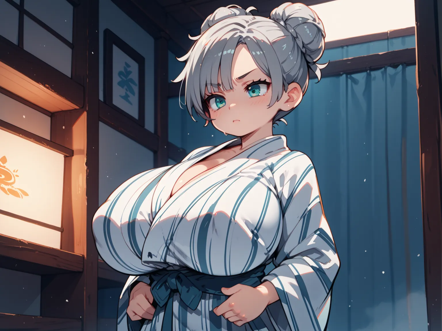 1人の女の子（とても幼い）、full body、,gray hair,pixie cut,hair bun,parted bangs,aqua eyes, horizontal pupils,yukata, disappointed,gigantic breasts, jitome