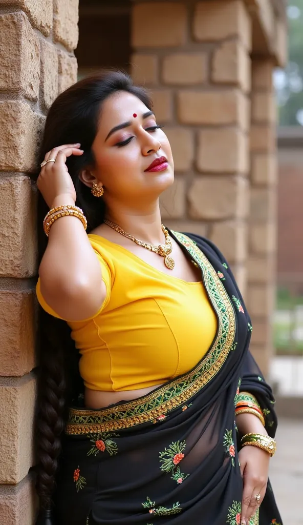 The photograph captures a woman in a traditional Indian outfit, leaning back against what appears to be an outdoor setting, possibly a courtyard or a traditional Indian structure, with stone walls and a wooden pillar in the background. The woman is of Sout...