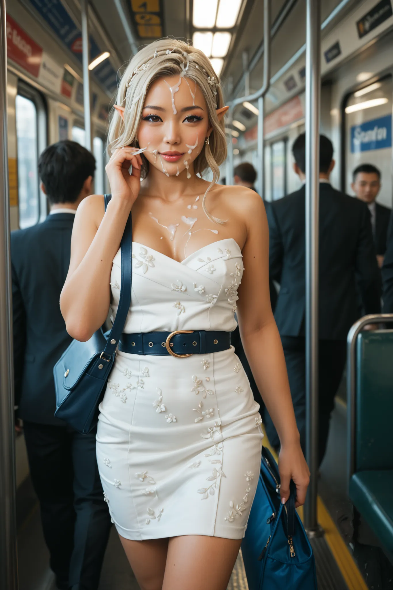 petite, dark elf woman, Hyperdetailed realistic airbrush painting of (most beautiful sexy (Japanese:1.6) woman walking in crowded subway:1.3), (cum on face, cum on clothes, cum on hair), wearing business attire, long_brown_hair, thigh_strap, trending on ar...