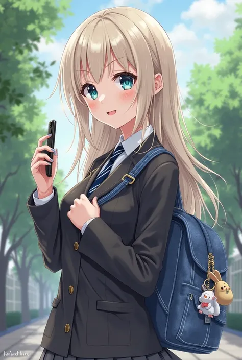 Realistic anime style girl, long hair and platinum blonde, With short bangs and dark blue eyes, Wear a black school uniform, White gray. Are your lashes long. delicate and fluffy , She holds her, wears a blue denim mailman backpack, It has a cute rabbit ke...